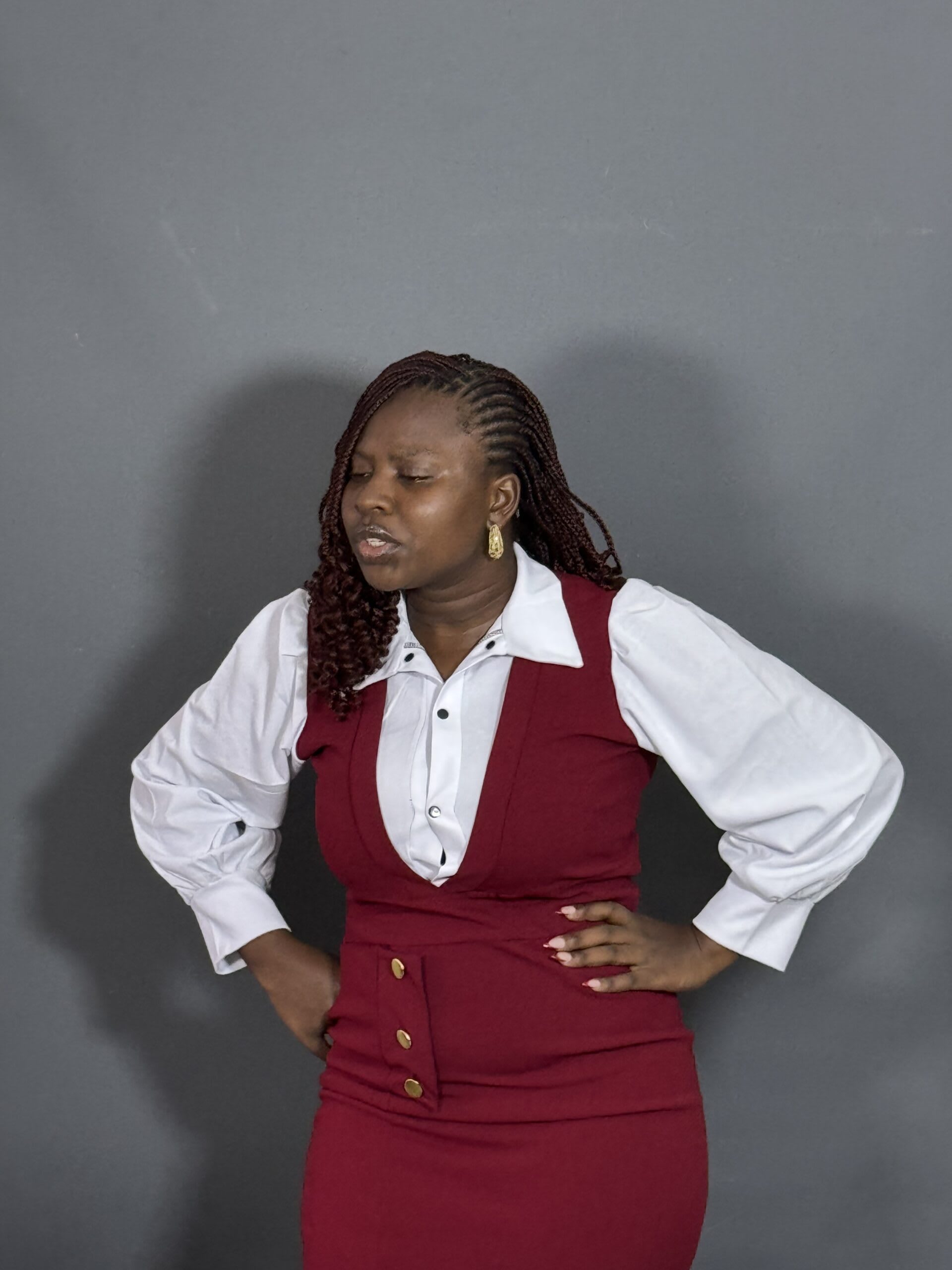 Burgundy Pinafore Dress with White Shirt - Image 2