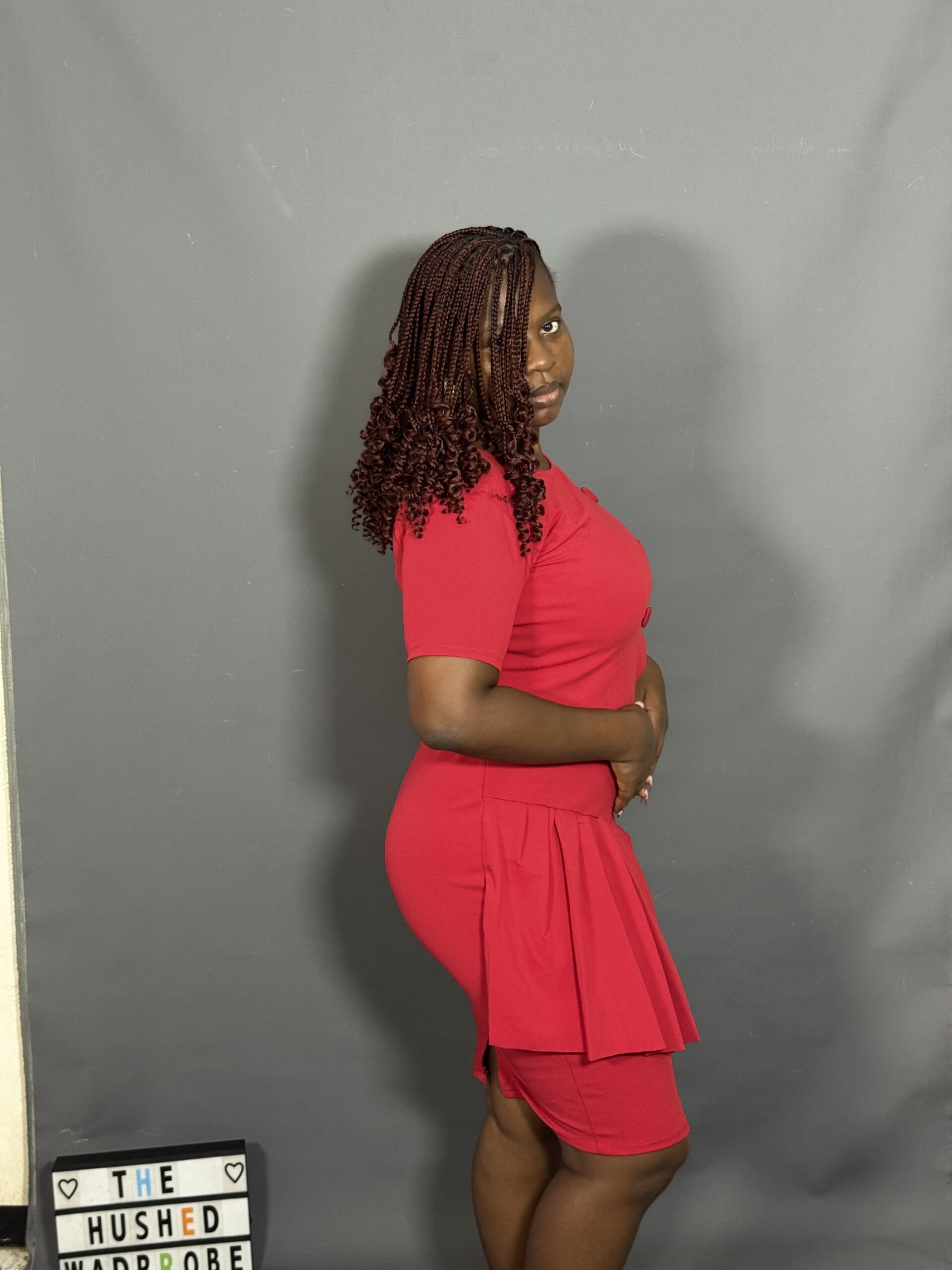 Red Dress with Button Detail & Pleated Skirt - Image 3