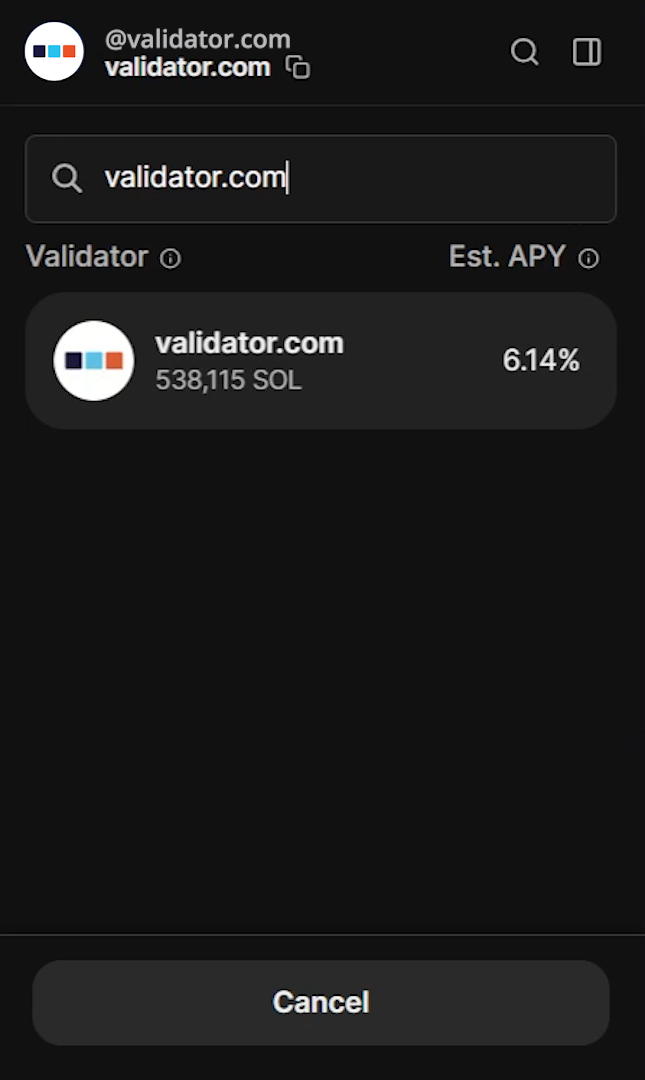Staking interface showing validator.com with 889,067 SOL and 6.95% APY