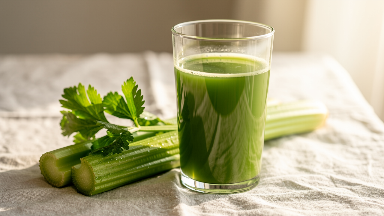 Glas med pressad sellerijuice och färska selleristjälkar