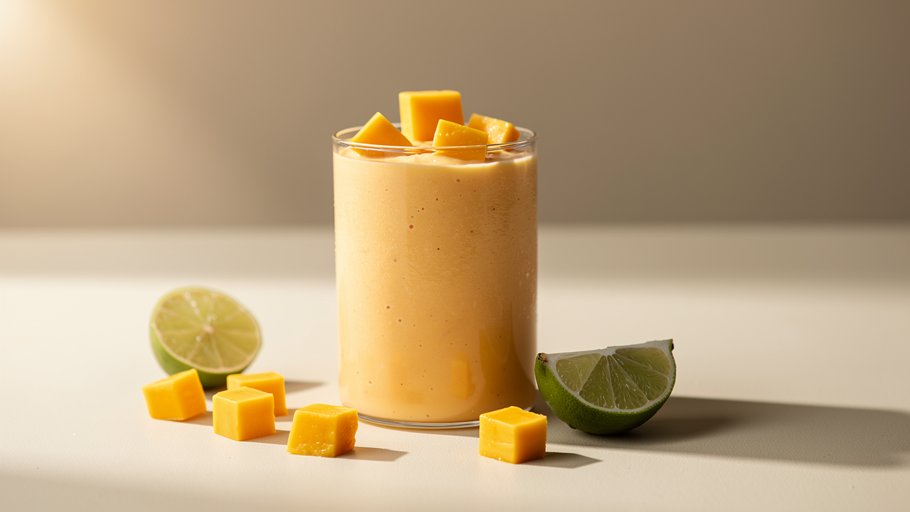 Mangosmoothie med färska mangotärningar och lime