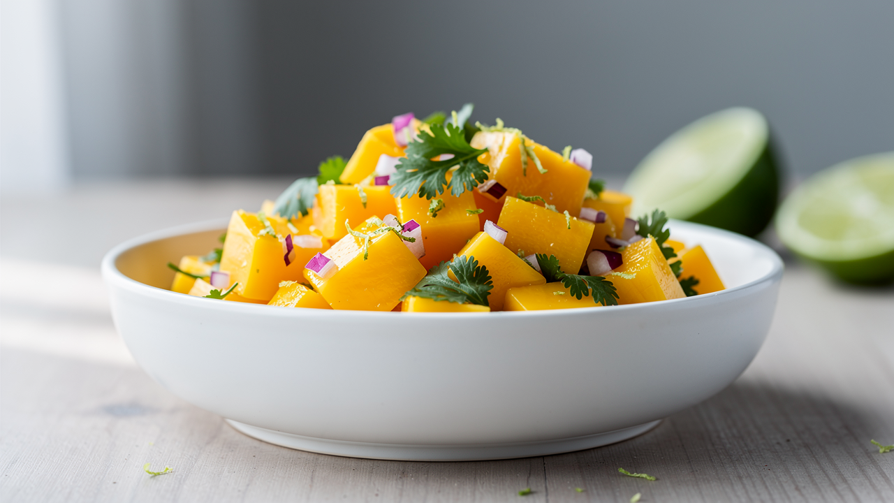 Fräsch mangosalsa med rödlök, lime och örter i en skål