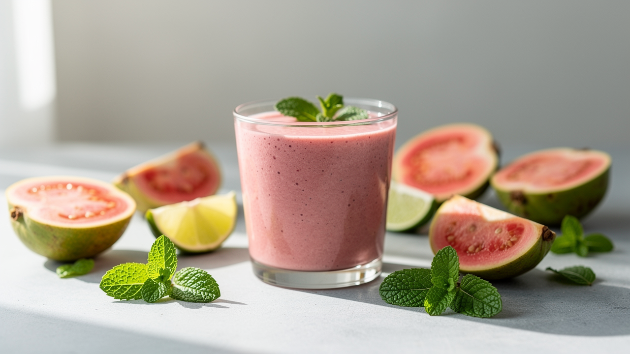 Färsk guava hel och halverad med rosa och vitt fruktkött på en träskärbräda
