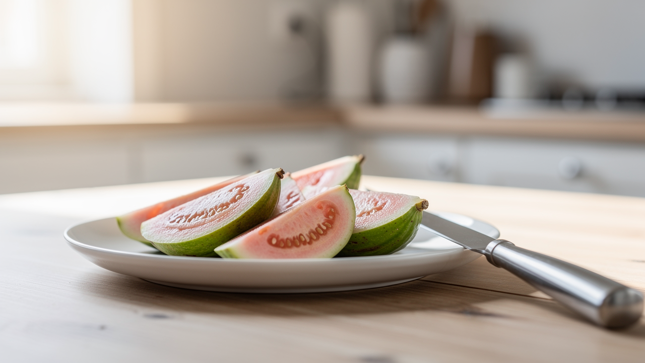 Färsk guava hel och halverad med rosa och vitt fruktkött på en träskärbräda