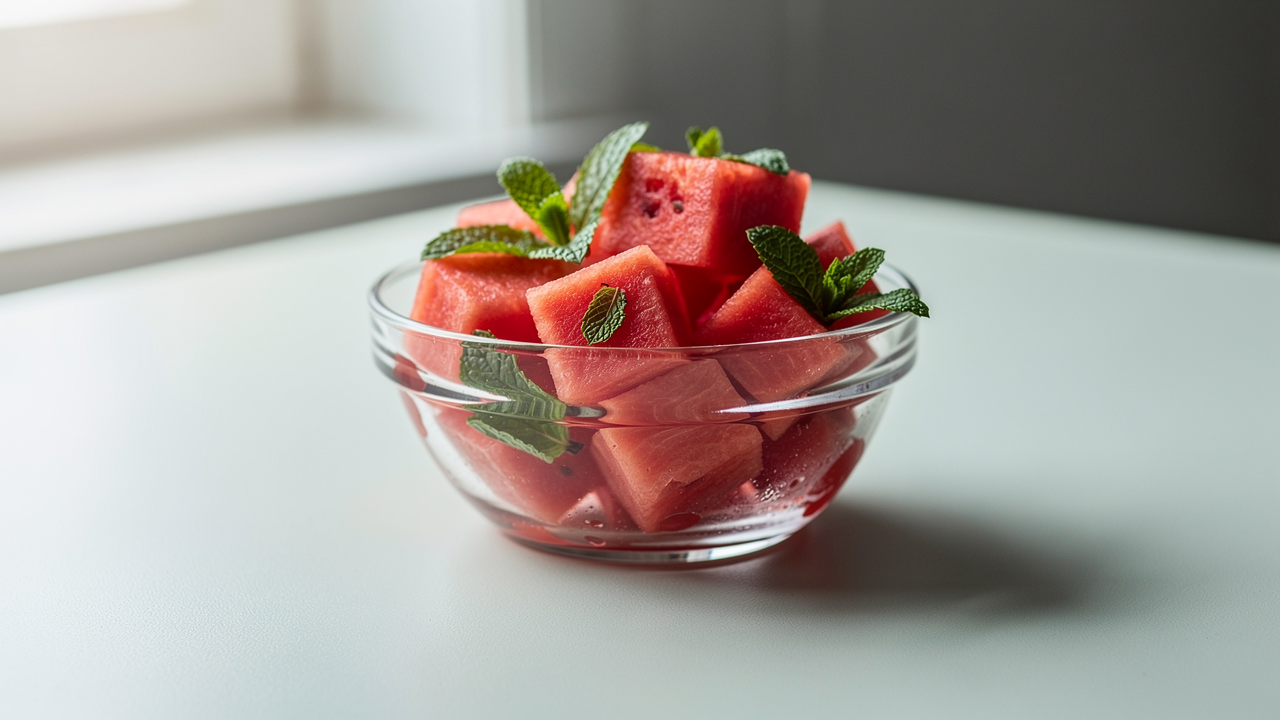 Halverad mogen vattenmelon med saftigt rött fruktkött på en träskiva