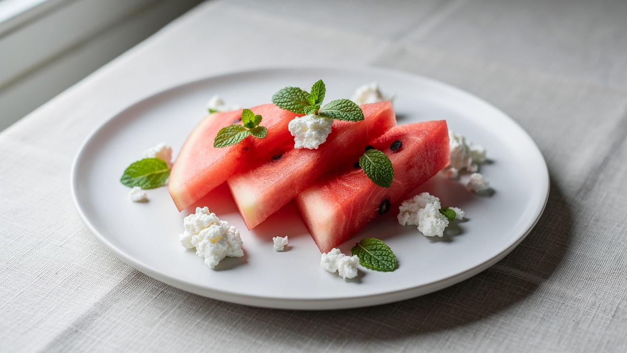 Halverad mogen vattenmelon med saftigt rött fruktkött på en träskiva