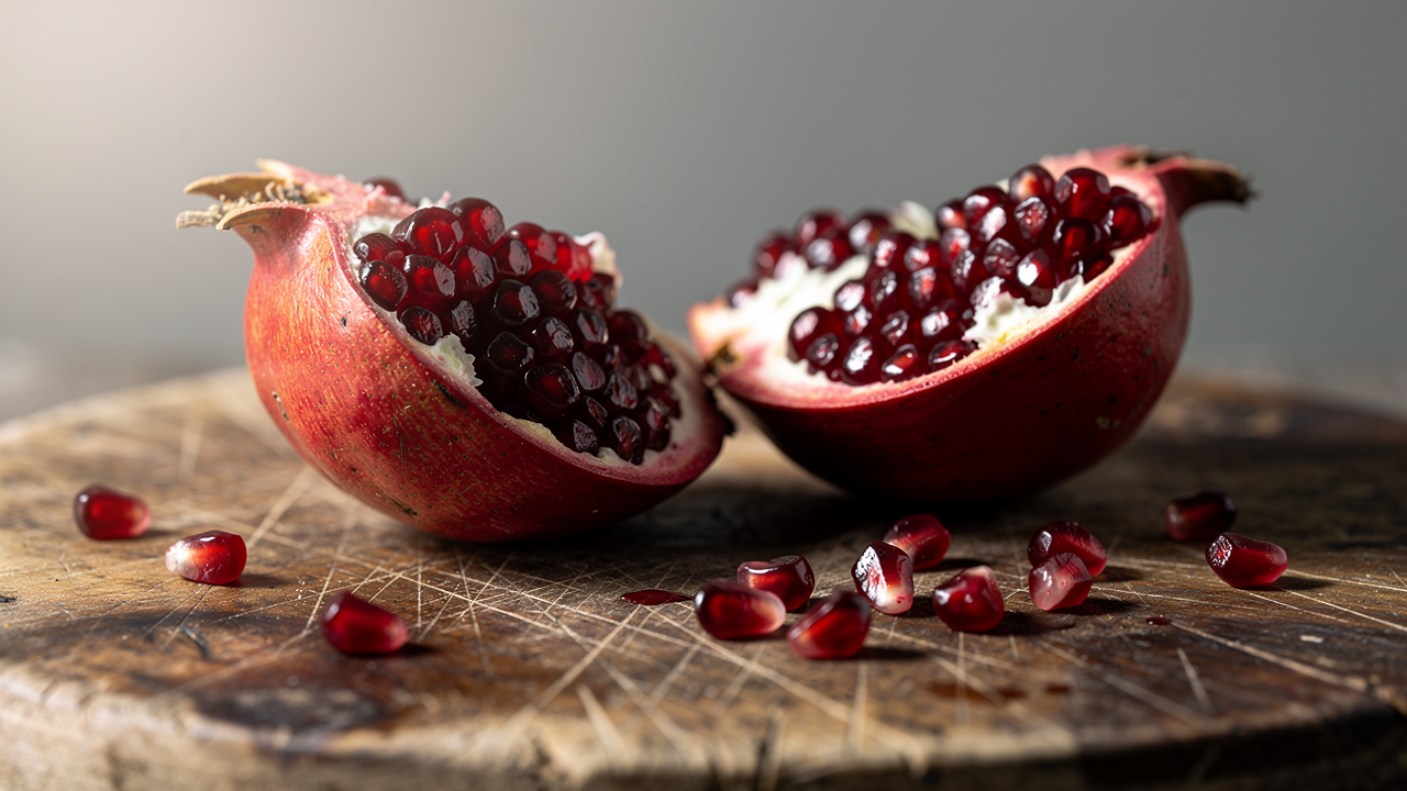 Halverat granatäpple med röda kärnor på träskärbräda