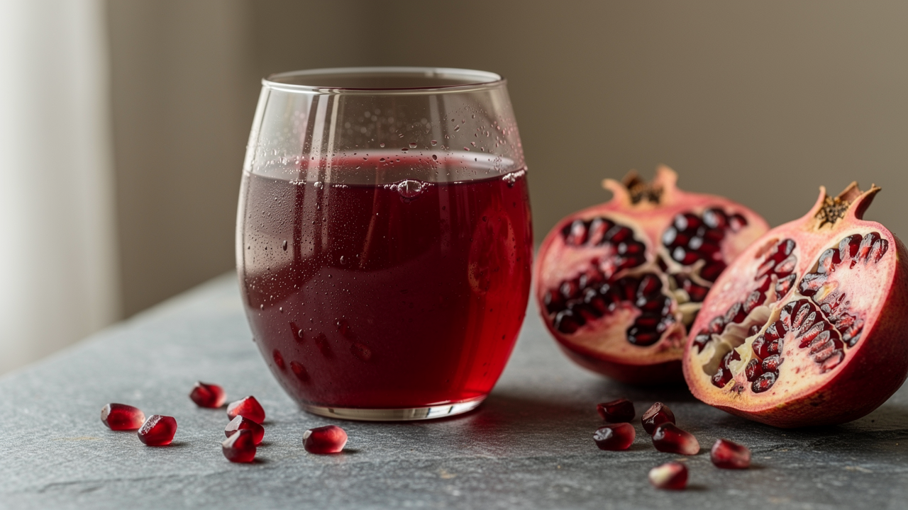 Halverat granatäpple med röda kärnor på träskärbräda