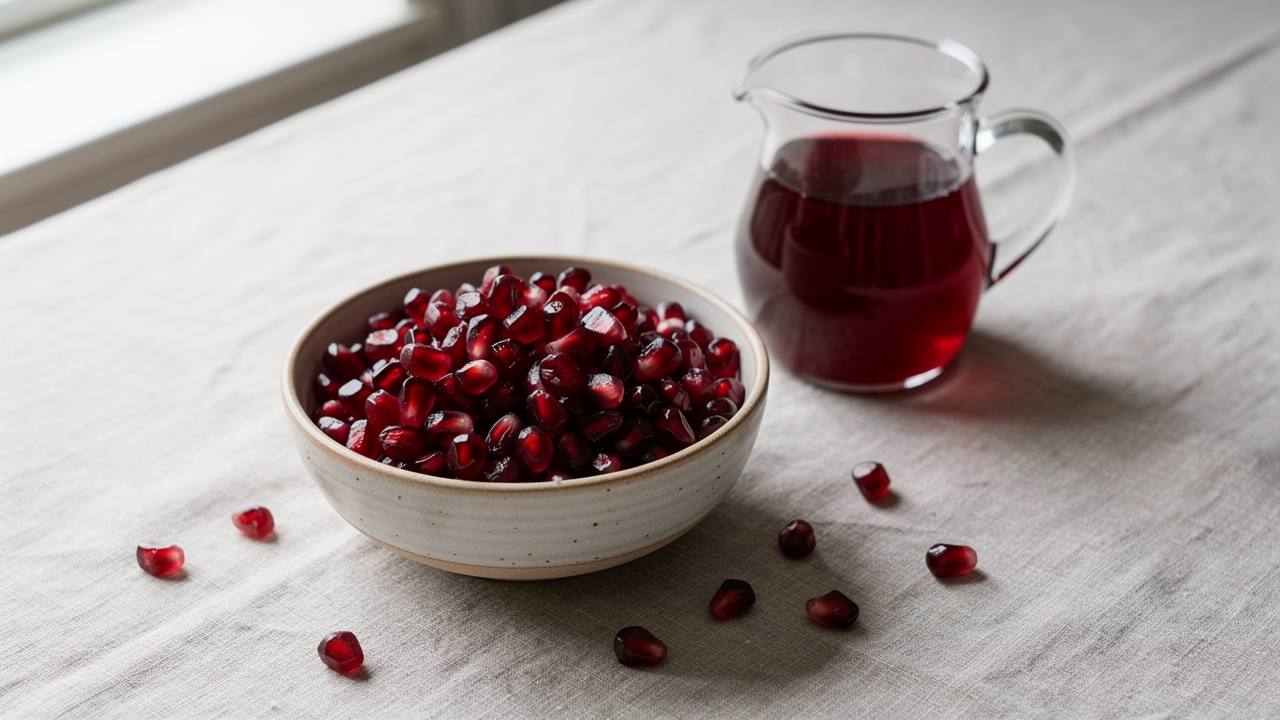 Halverat granatäpple med röda kärnor på träskärbräda