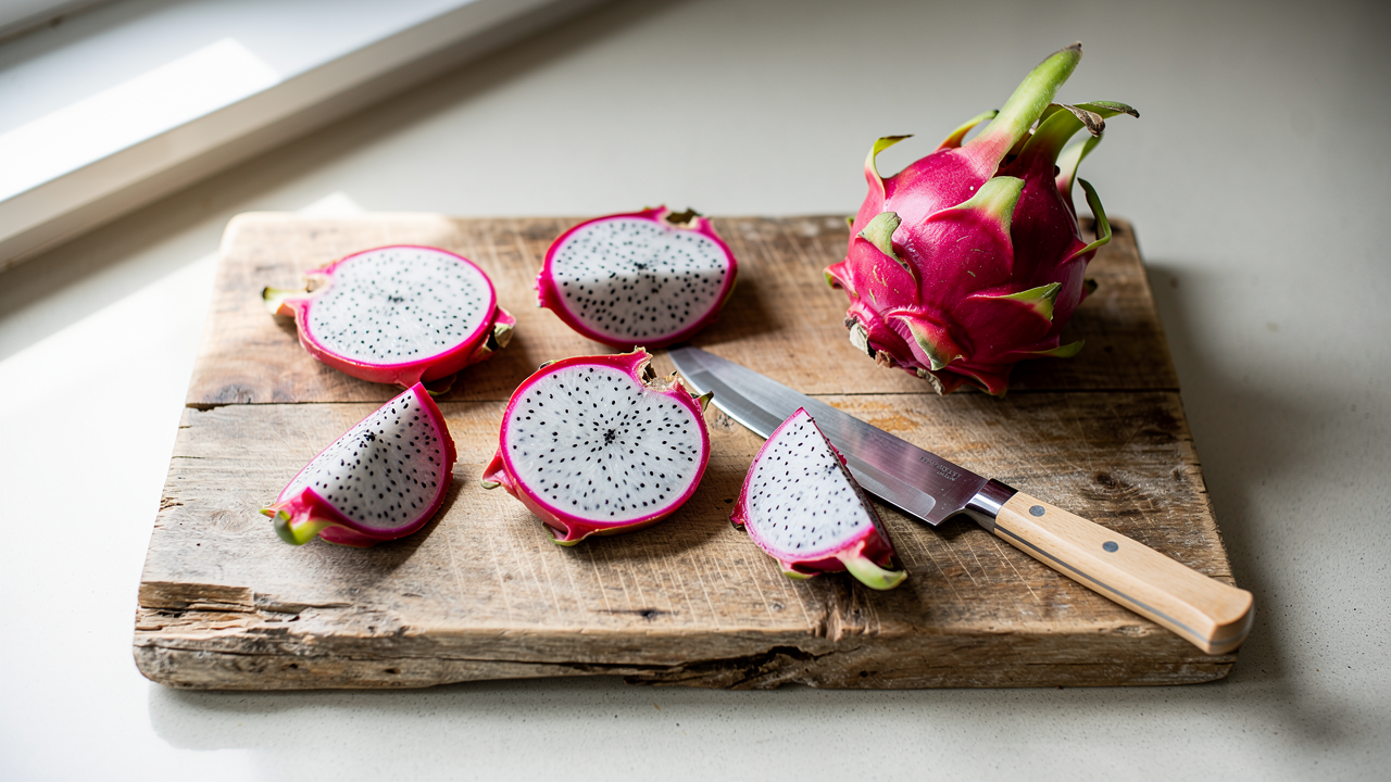 Halverad drakfrukt med rosa fruktkött och svarta frön på en ljus tallrik