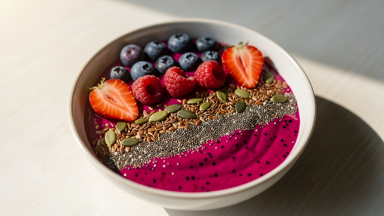 Halverad drakfrukt med rosa fruktkött och svarta frön på en ljus tallrik