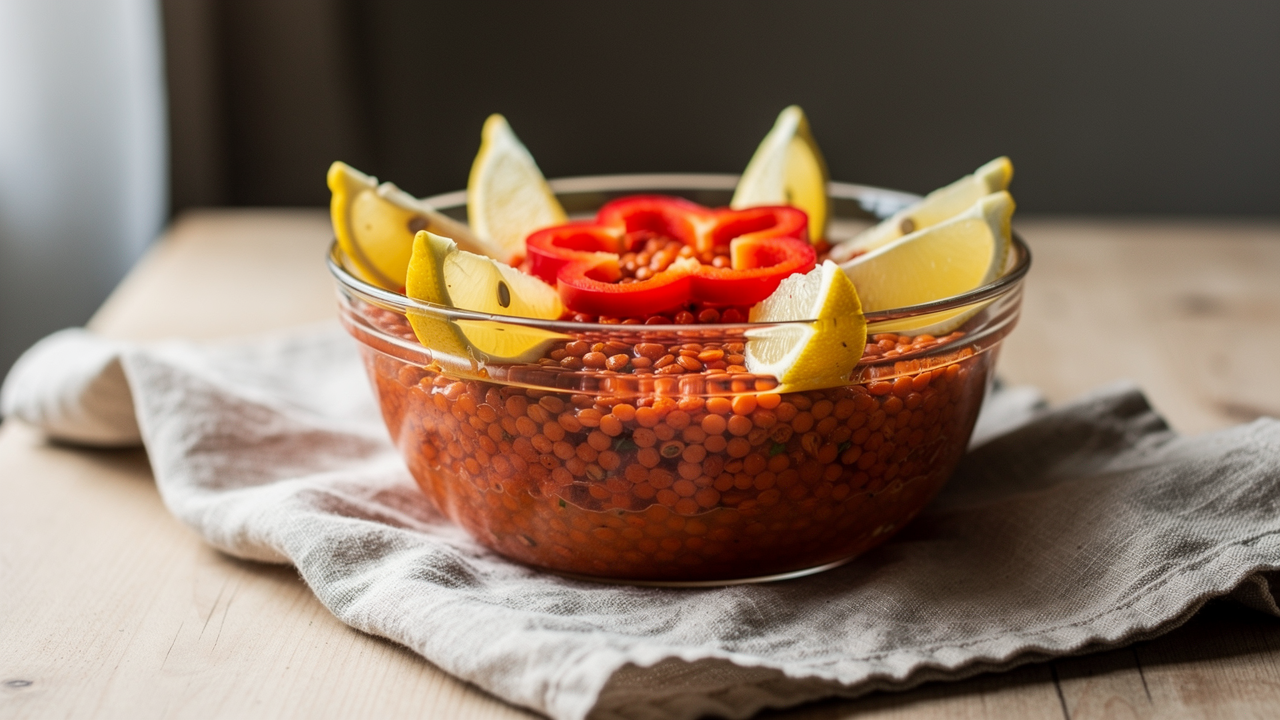 Skål med kokta röda linser tillsammans med paprika och citron för bättre järnupptag