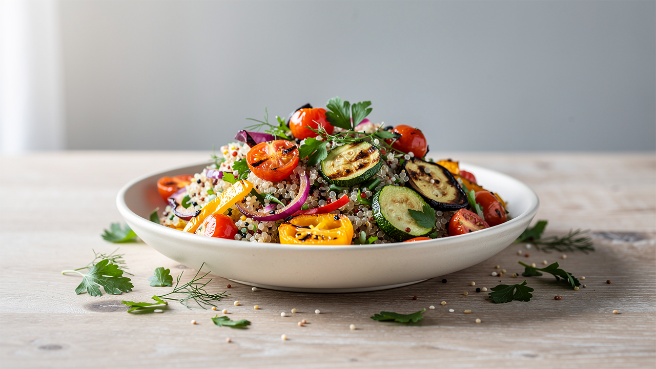 Skål med kokt luftig quinoa på ett rustikt bord