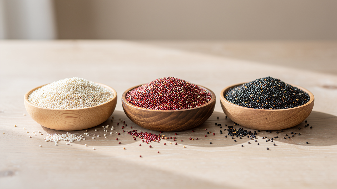 Skål med kokt luftig quinoa på ett rustikt bord