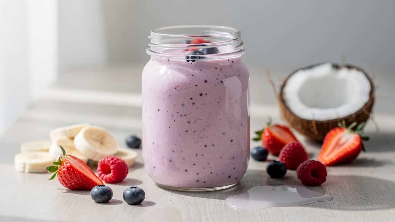 Tropisk smoothie gjord på kokosvatten med banan och bär