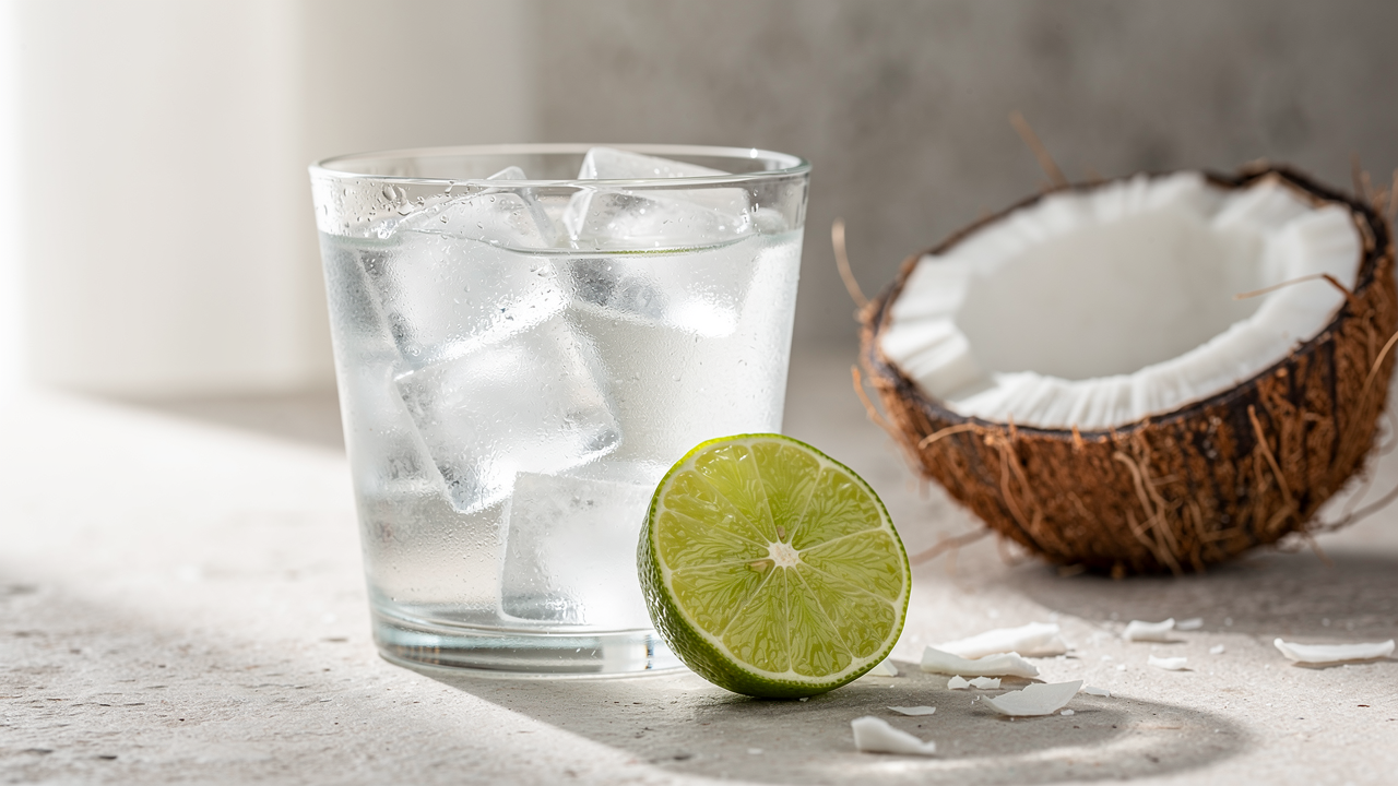 Glas med kylt kokosvatten, is och lime bredvid en halverad kokosnöt