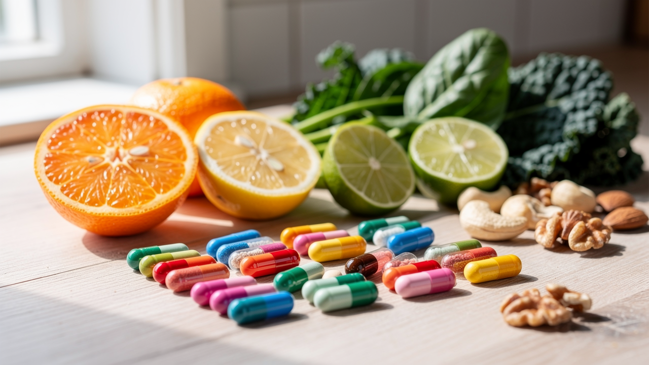Olika vitamintillskott och kapslar tillsammans med citrusfrukter, gröna blad och nötter på en träyta