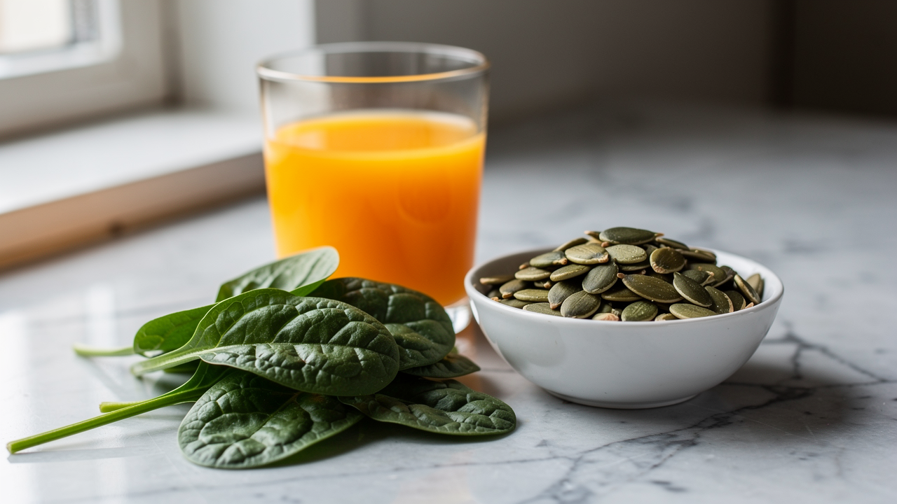 Olika vitamintillskott och kapslar tillsammans med citrusfrukter, gröna blad och nötter på en träyta