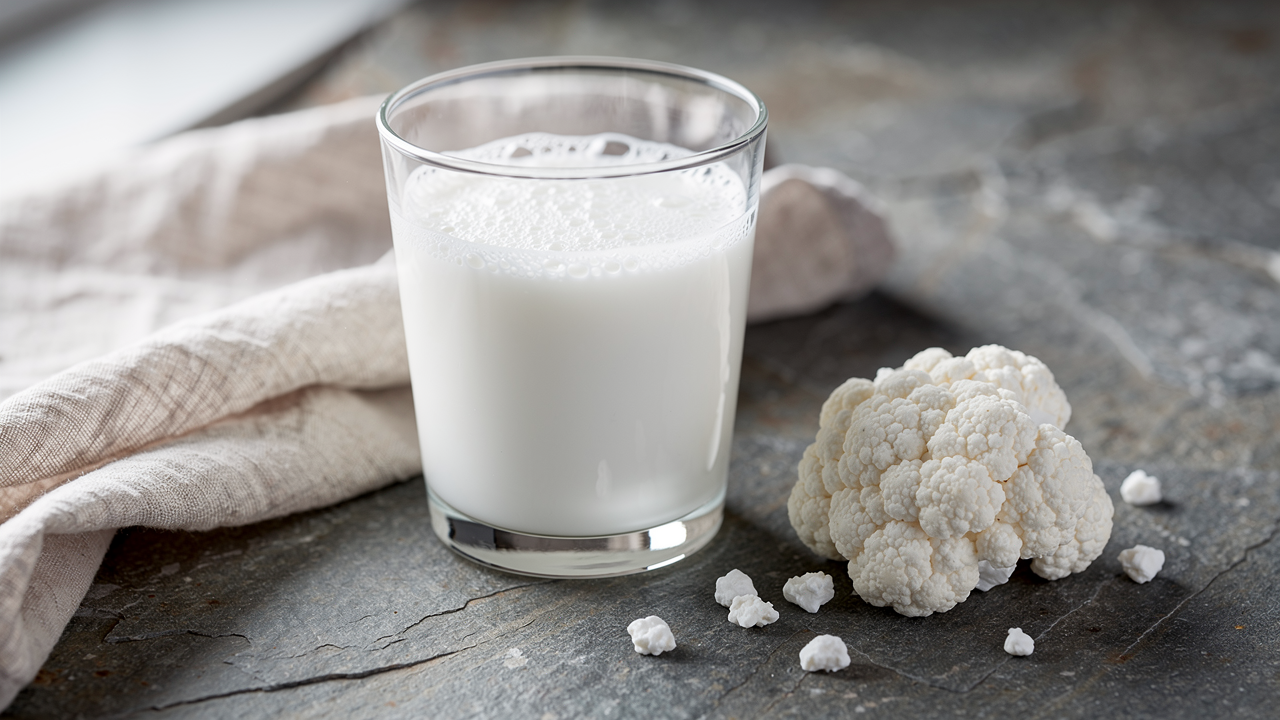 Ett glas färsk kefir bredvid små vita kefirkorn