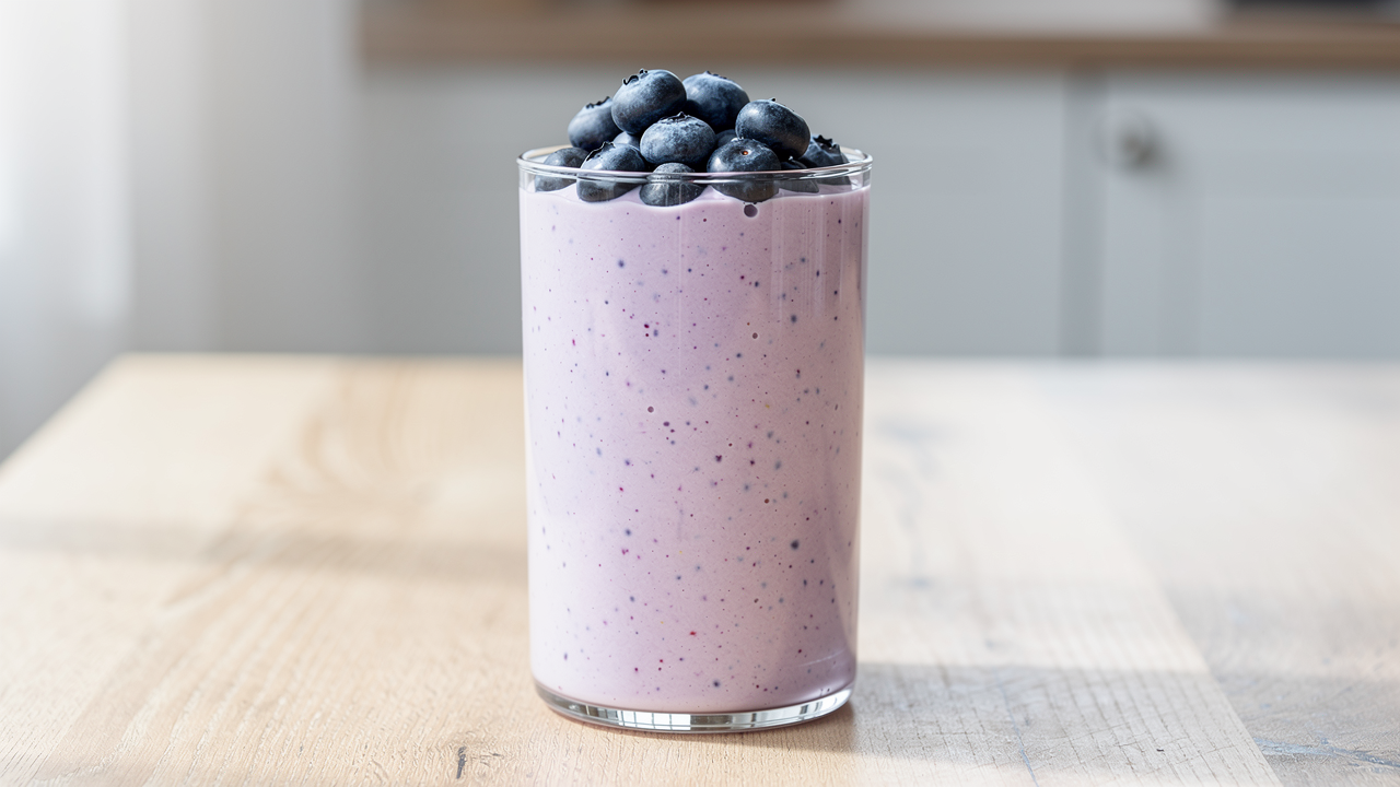 Ett glas färsk kefir bredvid små vita kefirkorn