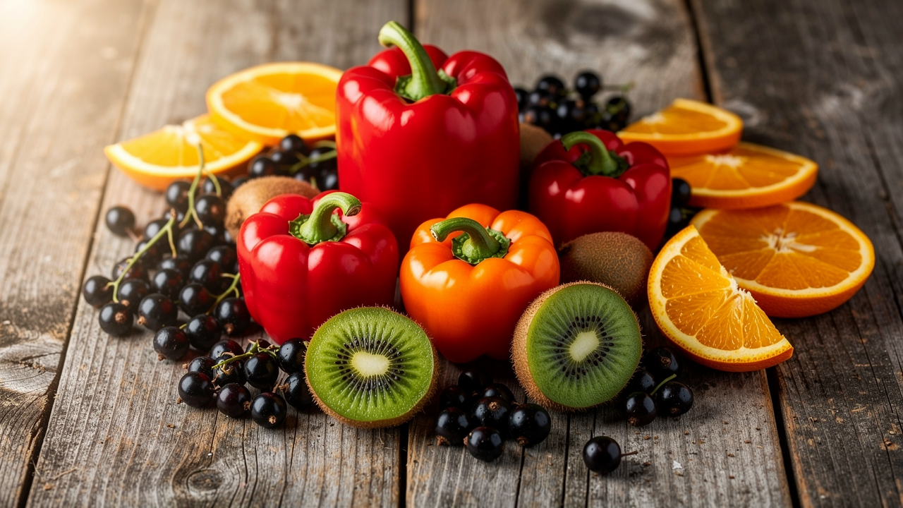 Färgglatt urval av C-vitaminrika livsmedel: röd paprika, svarta vinbär, kiwi och apelsin
