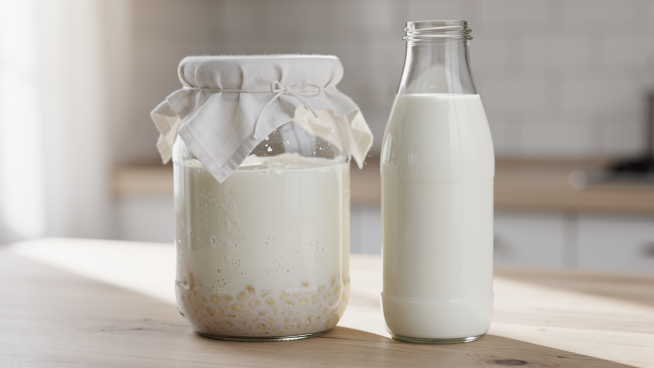 Ett glas färsk kefir bredvid små vita kefirkorn