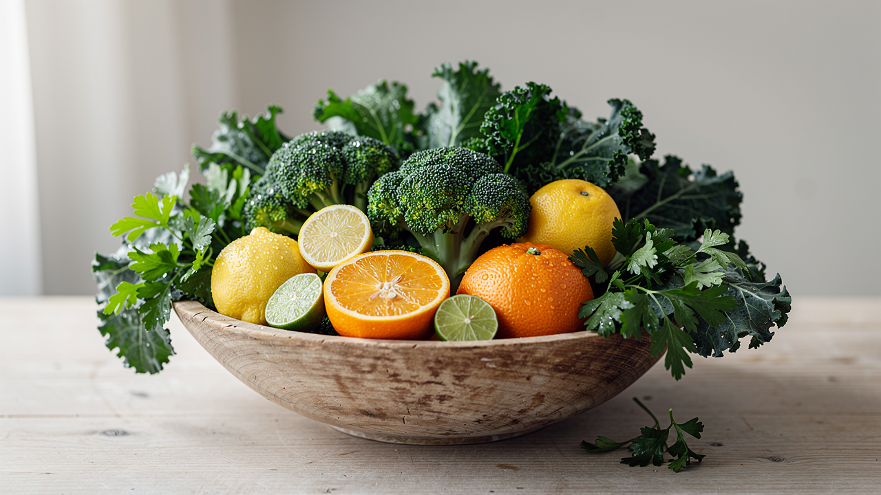 Broccoli, grönkål, persilja och citrusfrukter i en träskål