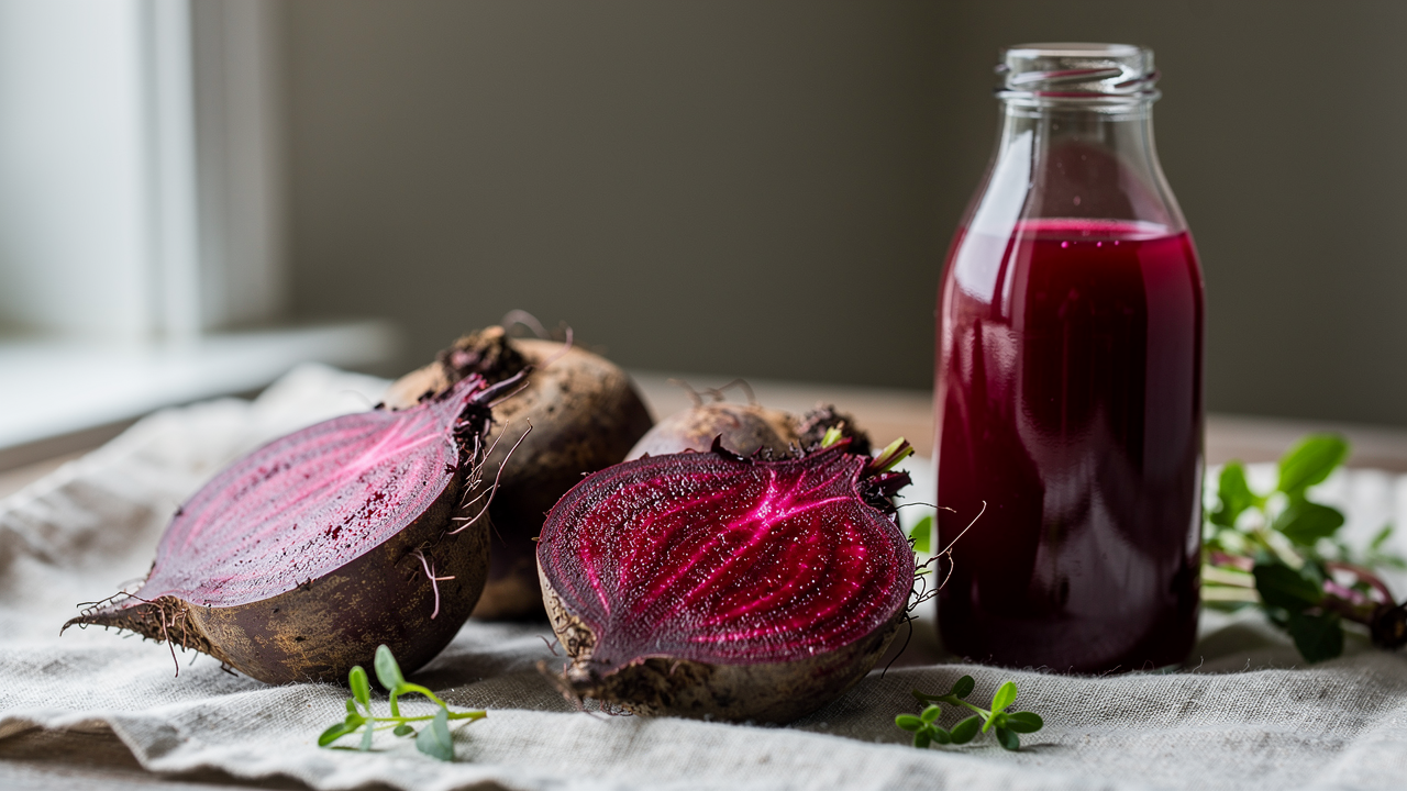 Färska rödbetor och ett glas rödbetsjuice på en träskärbräda