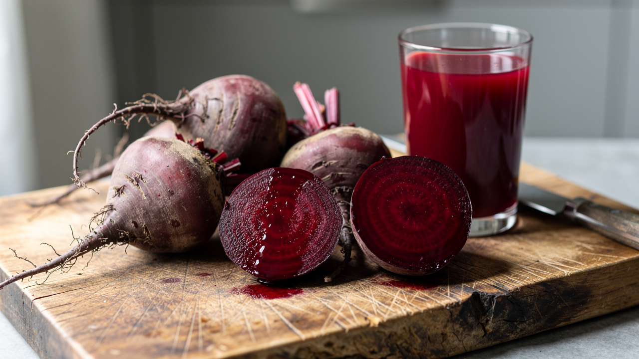 Färska rödbetor och ett glas rödbetsjuice på en träskärbräda