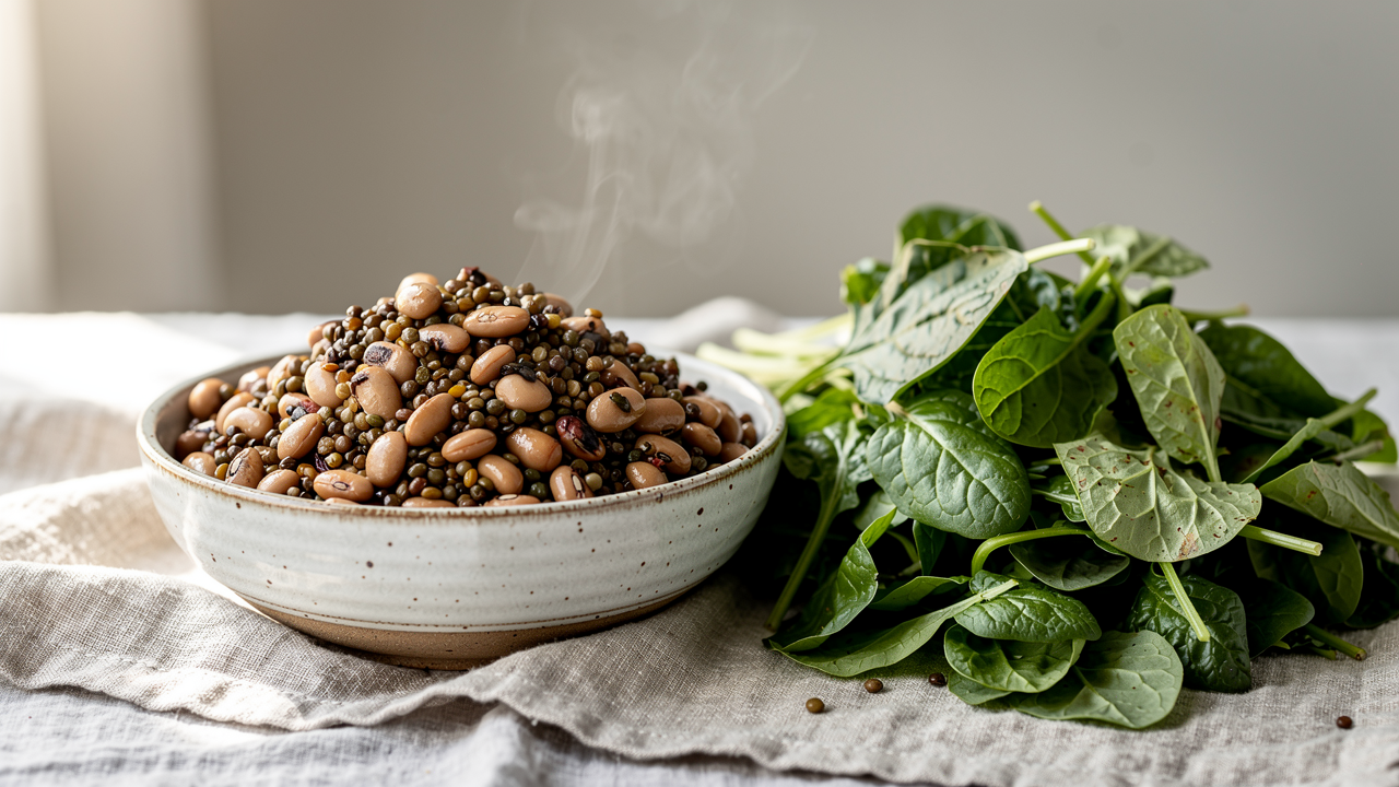 Kaliumrika livsmedel som potatis, avokado, spenat och torkade aprikoser på en träskiva