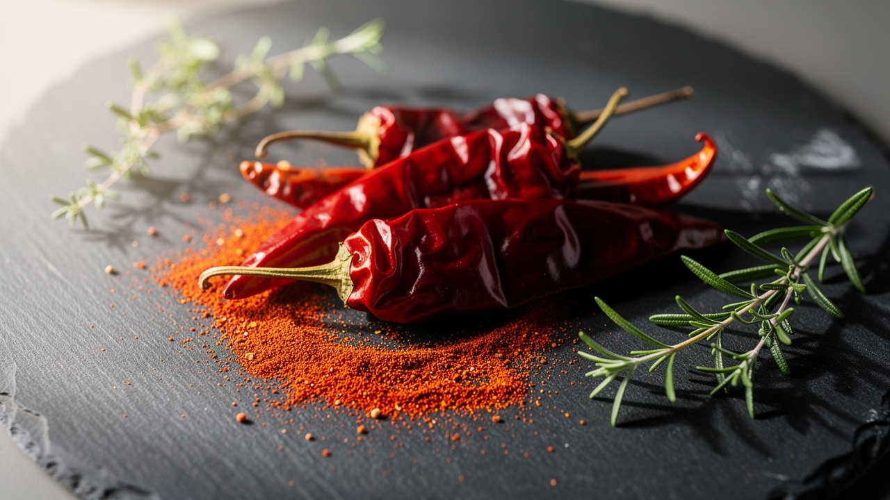 Skål med rött cayennepepparpulver och torkade chilifrukter