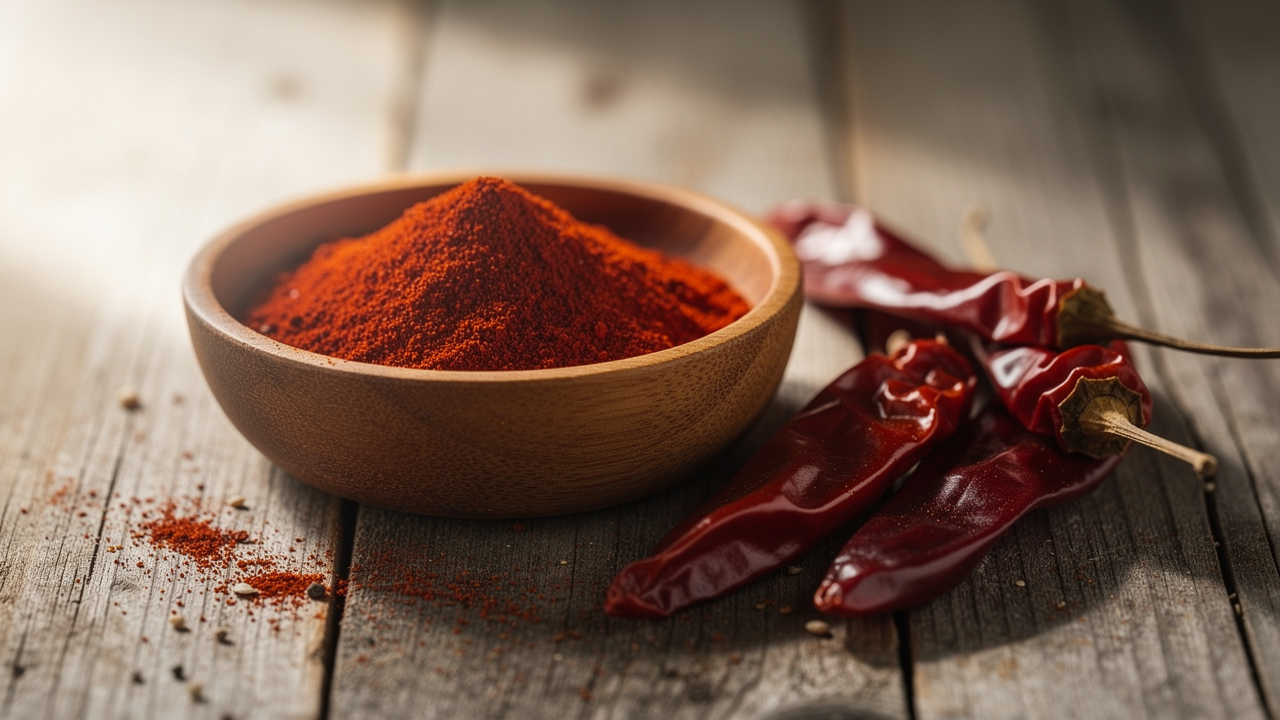 Skål med rött cayennepepparpulver och torkade chilifrukter