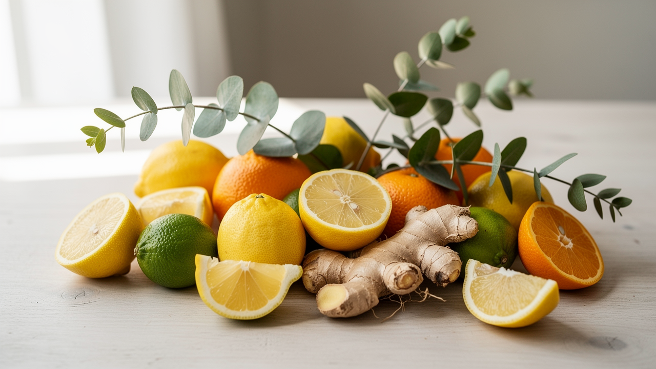 Varm ört-te med ingefära och citron på en köksbänk, lugn miljö