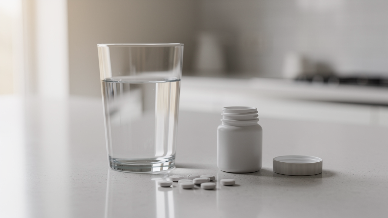 Vitamintillskott i form av kapslar och tabletter bredvid färsk frukt och grönsaker