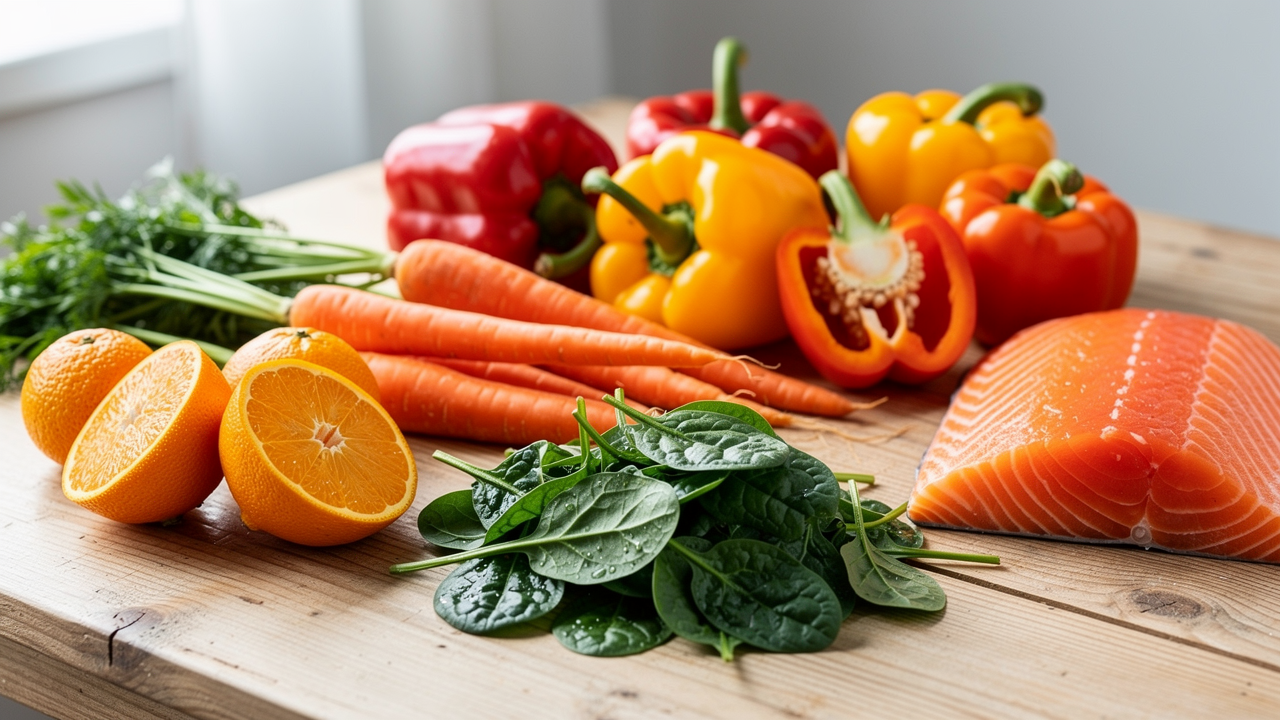 Vitamintillskott i form av kapslar och tabletter bredvid färsk frukt och grönsaker