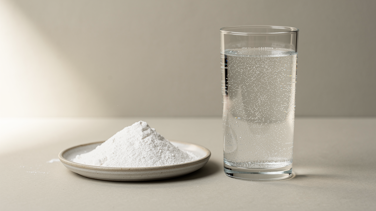Bikarbonat som vitt pulver i en liten skål med träsked på ljus marmor