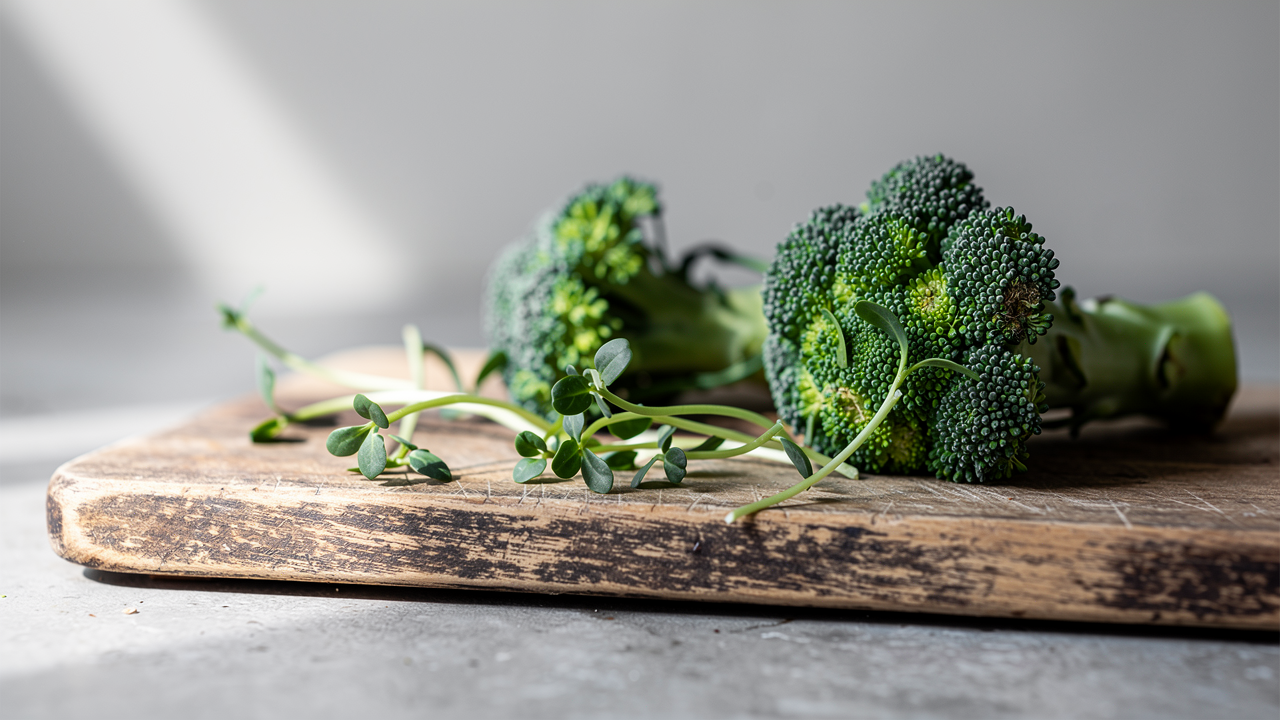 Färsk broccoli och broccoligroddar på en skärbräda