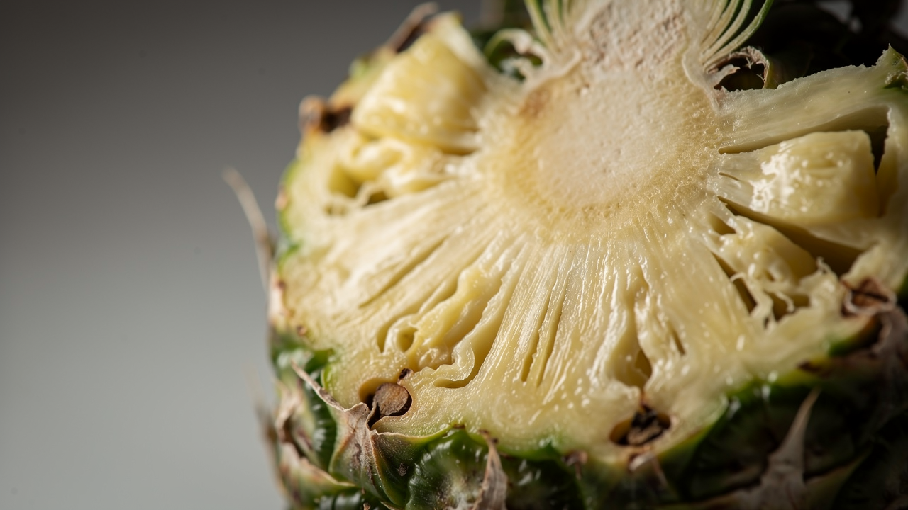 Färsk ananas uppskuren på en träskärbräda i naturligt dagsljus