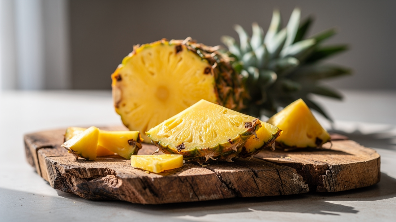 Färsk ananas uppskuren på en träskärbräda i naturligt dagsljus