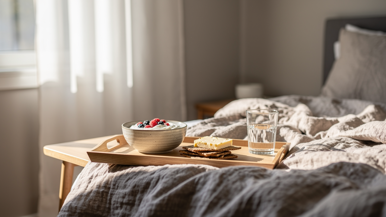 Utvilad kvinna vaknar i morgonljus vid ett fönster