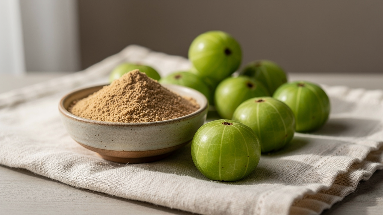 Färska amla (indisk krusbär) på en träskiva
