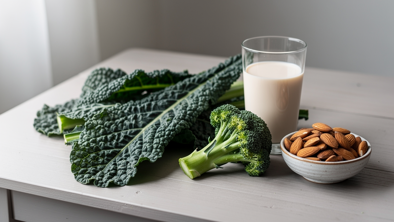 Kalciumrika livsmedel ovanifran: mjolk, ost, gronkal, broccoli, mandel och sesamfron pa linnetyg