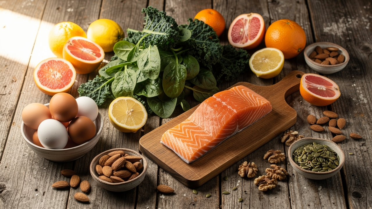 Ett dukat bord med vitaminrika livsmedel som bladgrönsaker, citrusfrukter, ägg, lax och nötter