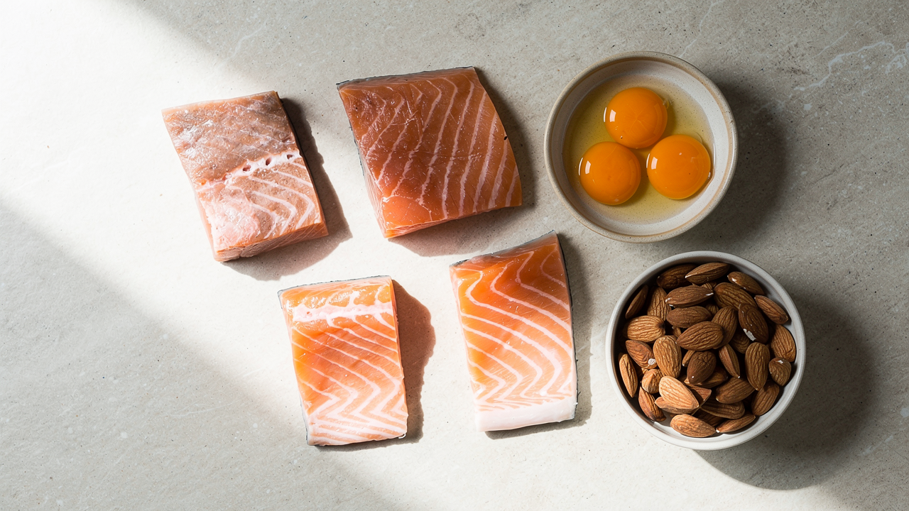 Ett dukat bord med vitaminrika livsmedel som bladgrönsaker, citrusfrukter, ägg, lax och nötter