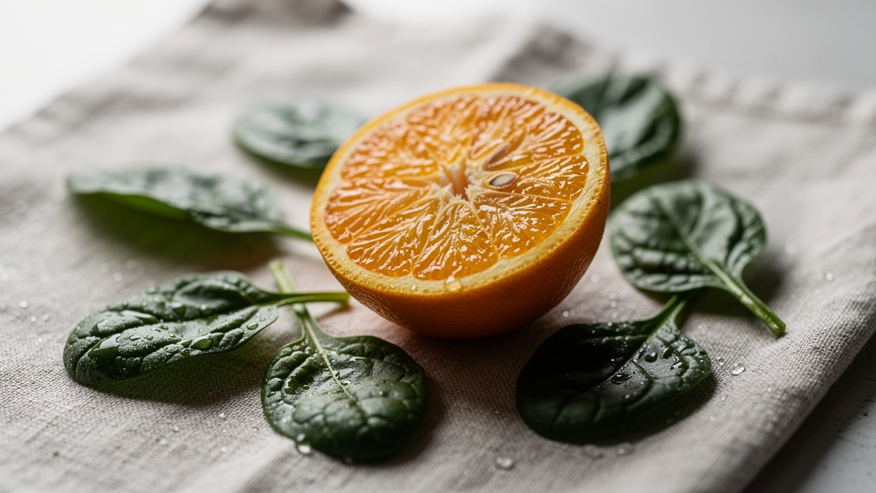 Ett dukat bord med vitaminrika livsmedel som bladgrönsaker, citrusfrukter, ägg, lax och nötter