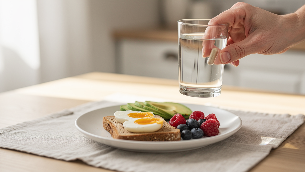 Variation av vitamin- och mineralrika livsmedel som grönsaker, citrusfrukt, ägg, fisk, nötter och frön på ett träbord