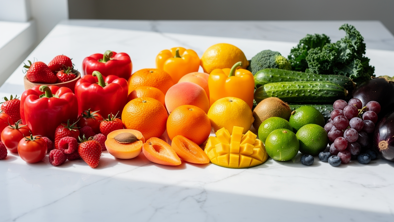 Variation av vitamin- och mineralrika livsmedel som grönsaker, citrusfrukt, ägg, fisk, nötter och frön på ett träbord