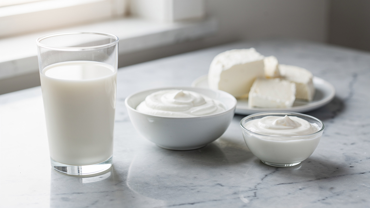 Olika proteinrika livsmedel på en träskiva: kyckling, lax, ägg och linser