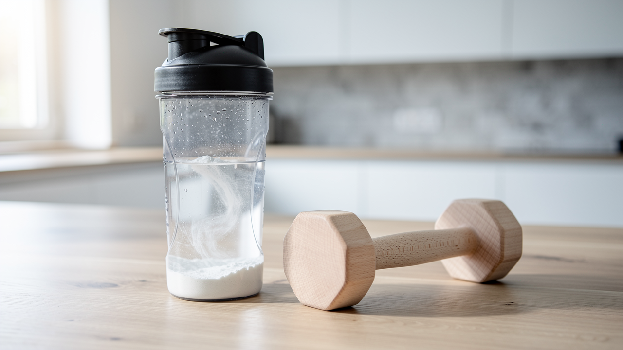Skopa med vitt beta-alaninpulver bredvid ett glas vatten