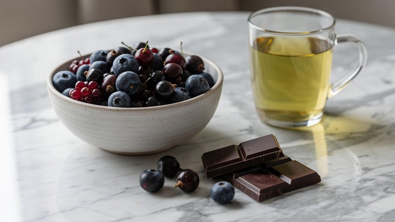 Färgrikt urval av antioxidantrika livsmedel: bär, grönsaker och nötter på träyta